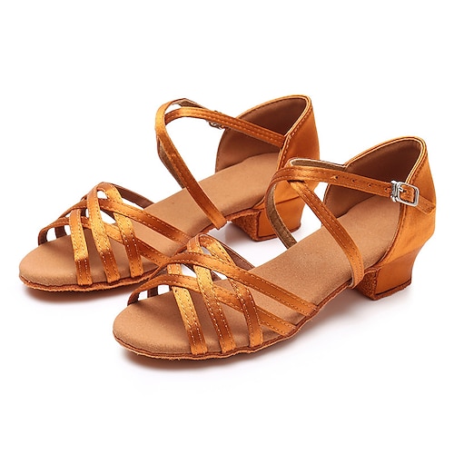 Latein-Tanzschuhe aus Satin für Mädchen mit Riemchendesign, flexibler Sohle und niedrigem Absatz – ideal für Gesellschaftstanz oder Salsa-Auftritte Image