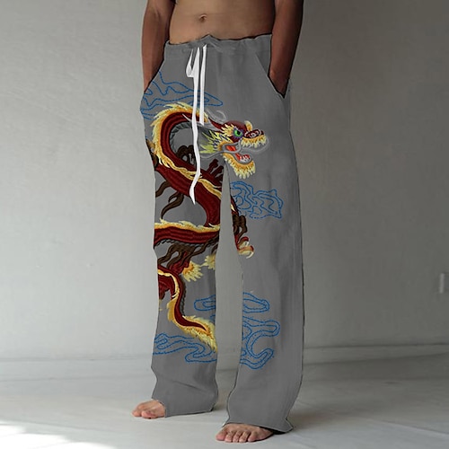 Herren Hose Hosen Sommerhosen Strandhose Elastisches Kordelzugdesign Vordertasche Gerade geschnitten Drache Grafik-Drucke Komfort Weich Casual Täglich Modisch Groß und hoch Weiß Grün Image