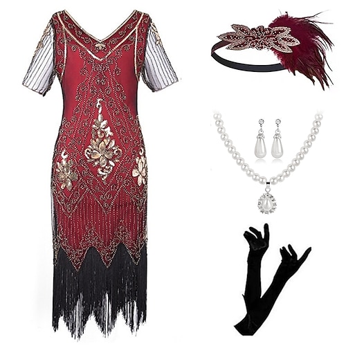 Goldene Zwanziger 1920er Knielang Flapper Kleid Outfits Zubehörset Kurze Ärmel Der große Gatsby Hochzeitsgast Pailletten Quastenfransen Pailletten Quaste V Ausschnitt Kostüm Damen Karneval Maskerade Image