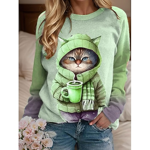 Damen Sweatshirt Pullover Katze Casual Sports Active Sportswear Rundhals Langarm Top Mikroelastisch Herbstamp;Winterkomfort, atmungsaktives, weiches Gewebe