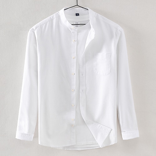 Herren Hemd mit chinesischem Kragen Hemd mit Stehkragen Oberhemd Oxford Hemd Hemd ohne Kragen Glatt Hochzeit Outdoor Meeresblau Weiß Gelb Marineblau Langarm Ständer Frühling Herbst Bekleidung Image
