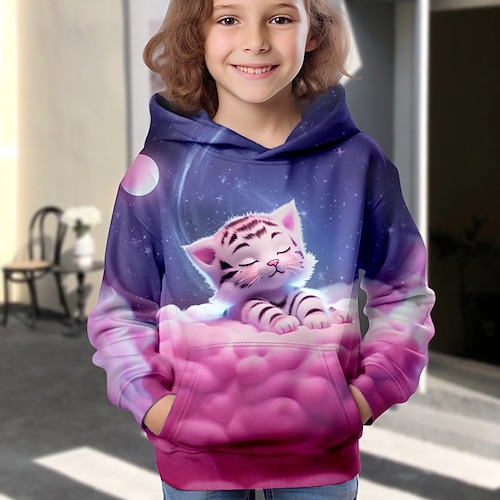 Mädchen 3D Karikatur Katze Kapuzenshirt Pullover Langarm 3D-Druck Herbst Winter Aktiv Modisch Kuschelig kinderkleidung 3-12 Jahre Outdoor Casual Täglich Regular Fit Image