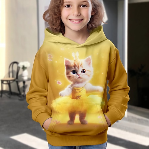 Mädchen 3D Karikatur Katze Kapuzenshirt Pullover Langarm 3D-Druck Herbst Winter Aktiv Modisch Kuschelig kinderkleidung 3-12 Jahre Outdoor Casual Täglich Regular Fit Image