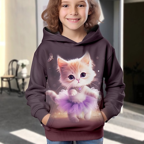 Mädchen 3D Karikatur Katze Kapuzenshirt Pullover Langarm 3D-Druck Herbst Winter Aktiv Modisch Kuschelig kinderkleidung 3-12 Jahre Outdoor Casual Täglich Regular Fit Image