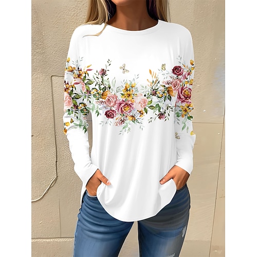 Frauen T-Shirt Langarm Basic Floral Druck Langarm Regelmäßige Oberteile Rundhals Feiertags Wochenende Weiß Pink Rot Marine Blau Blau Herbst Winter Vorherbst Image
