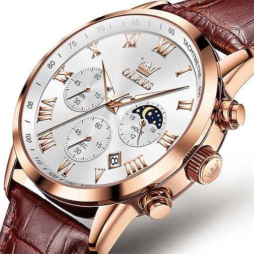 OLEVS Herren Quarz Uhr Sport Wasserdicht Mondphase Leuchtender Kalender Chronograph Echtes Leder Uhr Image