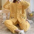 Damen-Pyjama-Sets aus Fleece, flauschig, flauschig, warm, tierisch, warm, lässig, bequem, für zu Hause, Bett, Flanell, warm, atmungsaktiv, V-Draht, langärmelig, Hemd, Hose, Knopftasche, Herbst,