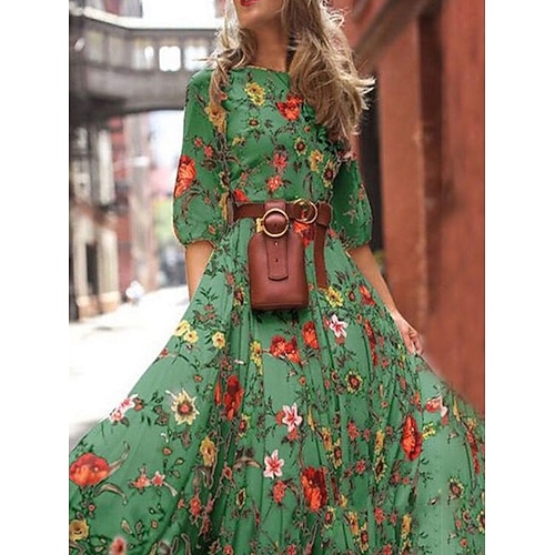Damen Chiffon Blumendruck Rundhals langes Kleid Maxikleid Böhmen Urlaub Sommer Frühling Image