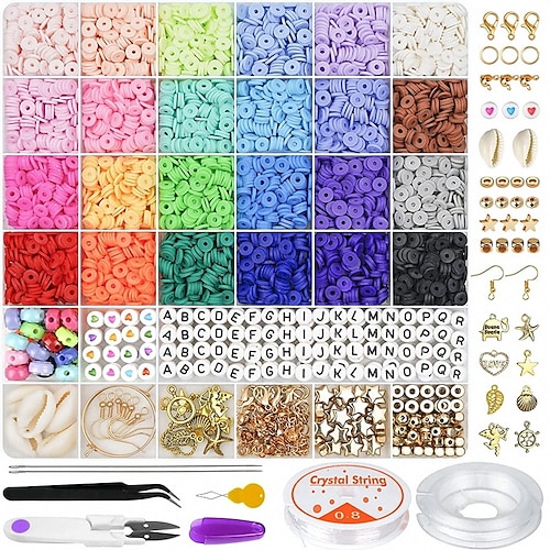 6000 Stück Tonperlen für die Armbandherstellung, 24 Farben, flache runde Polymer-Tonperlen, 6 mm Spacer-Heishi-Perlen mit Anhänger-Charms-Set und elastischen Schnüren für die Schmuckherstellung, Armbänder und Halsketten Image