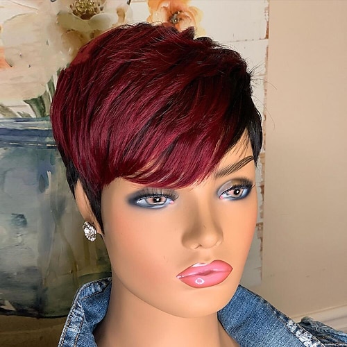 rotes Burgund 99j Ombre-Farbe kurze gewellte Bob-Pixie-Cut-Perücken volle maschinell hergestellte Nicht-Spitzen-Echthaarperücken mit Pony für schwarze Frauen 1b99j Image