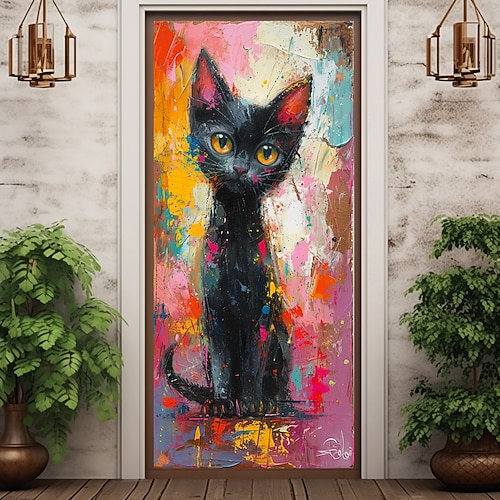 Malerei Katze Tier Türabdeckungen Wandbild Dekor Tür Wandteppich Türvorhang Dekoration Hintergrund Tür Banner abnehmbar für Haustür drinnen draußen Zuhause Zimmer Dekoration Bauernhaus Dekor Zubehör Image