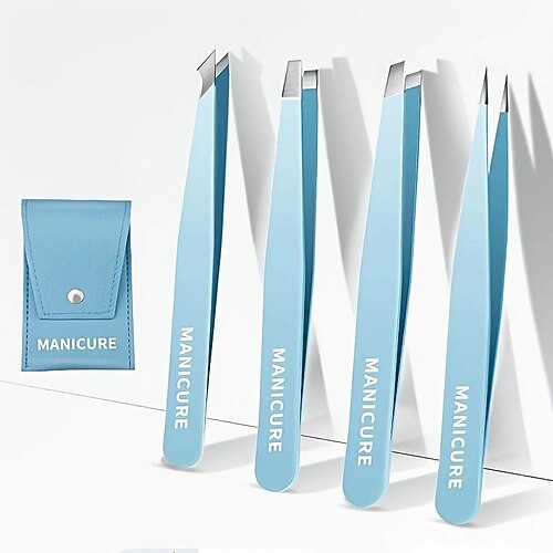 4-teiliges professionelles Präzisionspinzetten-Set mit schräger und spitzer Spitze, Augenbrauenzupfwerkzeug für eingewachsene Haare, Haarentfernungspinzette mit Leder Image