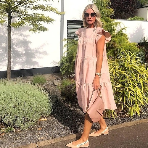 Damen Midikleid schwarzes kleid Freizeitkleid Cocktailkleid Abendkleid Stilvoll Romantisch Modern Täglich Urlaub Ausgehen Lässiger Schnitt Blumen Tiermotiv Kurzarm Rundhalsausschnitt Hellblau Pures Image