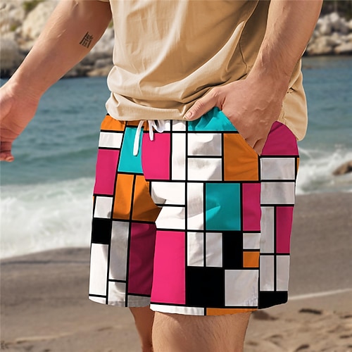 Herren Karomuster Farbblock Badehosen Badeshorts Boardshorts Mittlere Taille Urlaub Hawaiianisch Resort-Stil Urlaub Ferien Strand Kordelzug mit Mesh-Futter Elastischer Bund Designer Bekleidung Image
