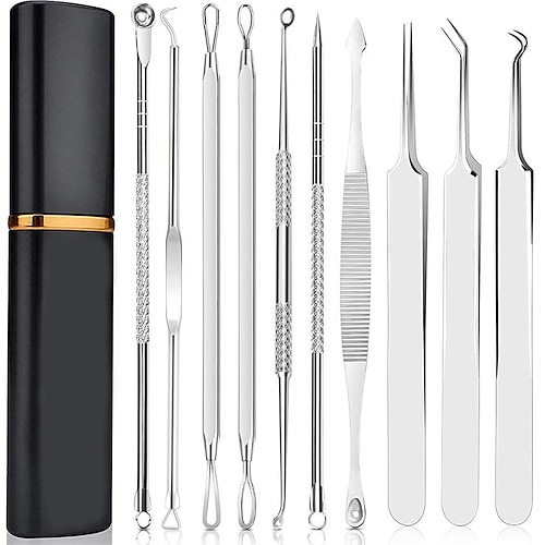 Mitesser-Entferner Pickel-Popping-Tool-Kit, Boxoyx 10-teiliges professionelles Pickel-Komedonen-Extraktor-Popper-Tool Akne-Entfernungs-Kit-Behandlung für Pickel, Mitesser, Zit-Entfernung, Stirn, Gesicht und Nase (Silber)