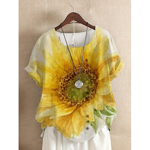 Damenbluse Leinenähnlich Atmungsaktiv Leicht Sonnenblume Mode Kurzarm Rundhals Reguläre Oberteile Feiertag Wochenende Druck Gelb Sommer Image