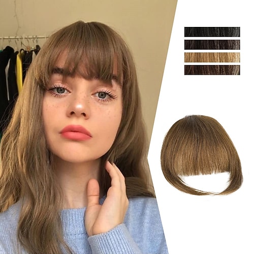 Clip in Pony für Frauen 100% Haarverlängerungen Haarteile flacher Pony Clip gebogener französischer Pony für den täglichen Gebrauch (hellbraun) Image