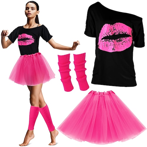 80er-Jahre-Outfits, Kostüme für Damen, 1980er-Jahre-Accessoires, Beinstulpen, T-Shirt mit Lippendruck, Tutu, Halloween-Party, Karneval Schlager Outfit Image