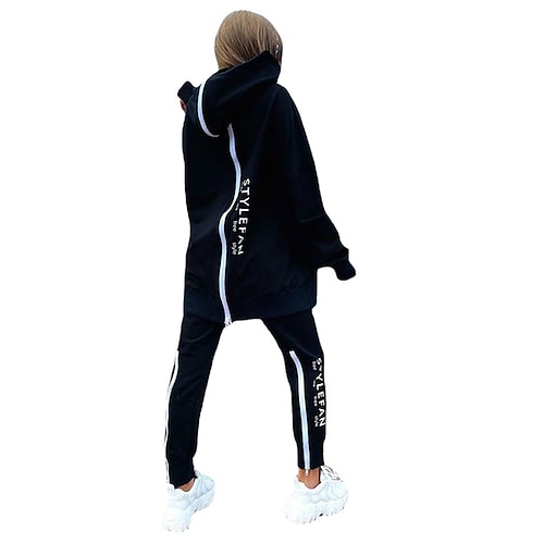 Damen Trainingsanzug Jogginganzug Patchwork 2 teilig Buchstabe Outfit-Set Kombination Frühling Herbst Winter Schwarz Weiss schwarz Gehen Joggen Laufen Thermowarm Winddicht Atmungsaktiv Normal Image