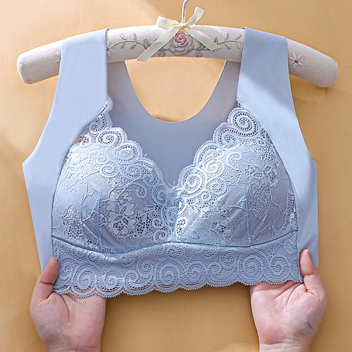 Damen bügellose BHs gepolsterte BHs volle Abdeckung V-Ausschnitt atmungsaktiv Push-Up Spitze reine Farbe Überziehverschluss Date Casual Daily Nylon sexy 1Stk Schwarz Blau / BHsamp;Bralettes / Image