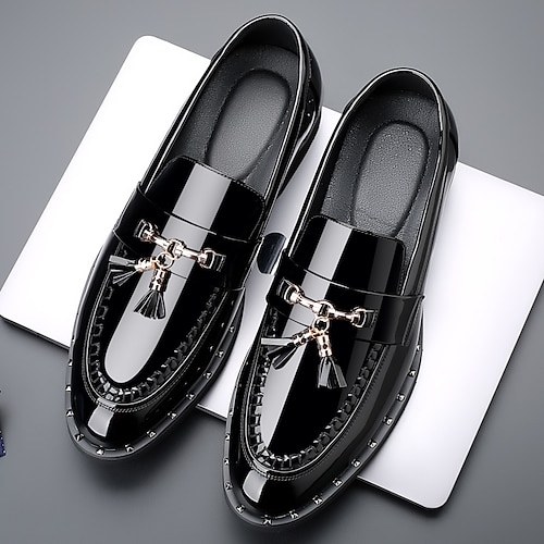 Herren Loafer Slip On Abendschuhe Tassel-Loafer Übergrössen Lacklederschuhe Spaziergang Geschäftlich Britischer Gentleman Hochzeit Büro Karriere Party Abend PU Schwarz Gold Frühling Image