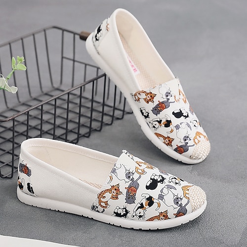 Lässige Slipper aus Canvas für Damen – süßer Katzendruck, leichte, flache Halbschuhe für den Alltag und auf Reisen Image