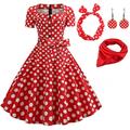 Damen A-Linie Rockabilly-Kleid Polka Dots Swing-Kleid Schlagkleid mit Zubehör-Set 1950er 60er Jahre Retro Vintage mit Stirnband Chiffon-Schal Ohrringe Katzenbrille Sonnenbrille 6-tlg