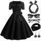 Damen A-Linie Rockabilly-Kleid Polka Dots Swing-Kleid Schlagkleid mit Zubehör-Set 1950er 60er Jahre Retro Vintage mit Stirnband Chiffon-Schal Ohrringe Katzenbrille Sonnenbrille 6-tlg