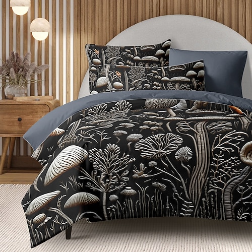 Pilzwald, mexikanisches Volkskunstmuster, Bettbezug-Set, Bettdecken-Set, weiches 3-teiliges Luxus-Baumwoll-Bettwäsche-Set, Heimdekoration, Geschenk Image