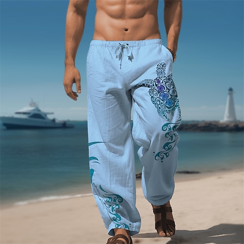 Herren Tiermotiv Schildkröte Freizeithose Hosen Hose Baggy-Hosen Mittlere Taille Hawaiianisch Lässig Outdoor Streetwear Alltagskleidung Elastisches Kordelzugdesign Herbst Winter Weiß Blau Grün Image