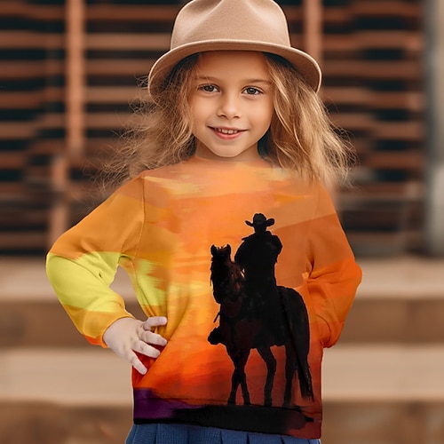 Mädchen 3D Graphic Tier Pferd Pullover Langarm 3D-Druck Sommer Herbst Modisch Strassenmode bezaubernd Polyester kinderkleidung 3-12 Jahre Outdoor Casual Täglich Regular Fit Image