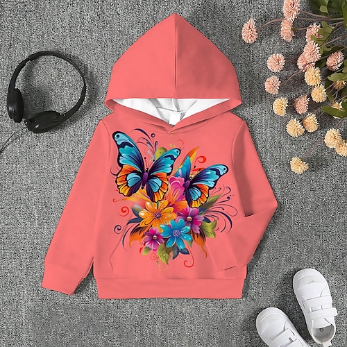 Mädchen 3D Tier Schmetterling Kapuzenshirt Langarm 3D-Druck Herbst Winter Aktiv Sport Modisch kinderkleidung 3-12 Jahre Outdoor Täglich Innen Regular Fit Image