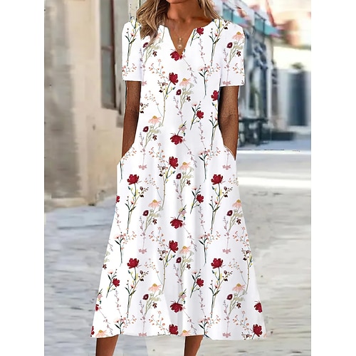 Damen Midi Kleid Shift Kleid Floral Taschen Druck V-Ausschnitt Date Urlaub Kurzarm Sommer Frühling Image