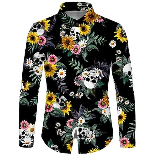 Herren Floral Skull Sonnenblume T-Shirt Langarm Mode Designer Casual Street Casual Herbst Winter Umgeschlagen Druck Button-Down Schwarz und Rot Wein Schwarz Weiß Gelb Image