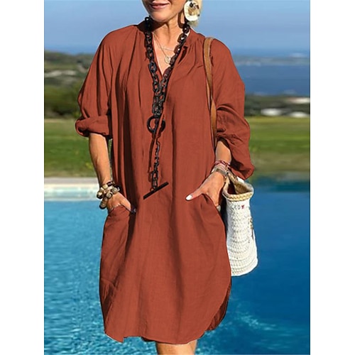 Damen Minikleid Hemdblusenkleid Baumwoll-Leinen-Kleider Freizeitkleid Baumwoll-Sommerkleid Basic Modern Täglich Wochenende Lässiger Schnitt Einfach Langarm V-Ausschnitt Blau Schwarz Braun Sommer Image
