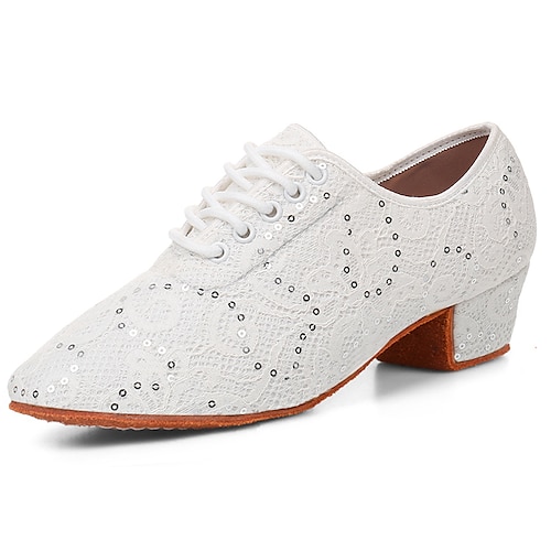 Schwarze Tanzschuhe aus Spitze für Damen mit mittelhohem Absatz - elegante Latein- und Gesellschaftsschuhe mit Pailletten für Auftritte Image