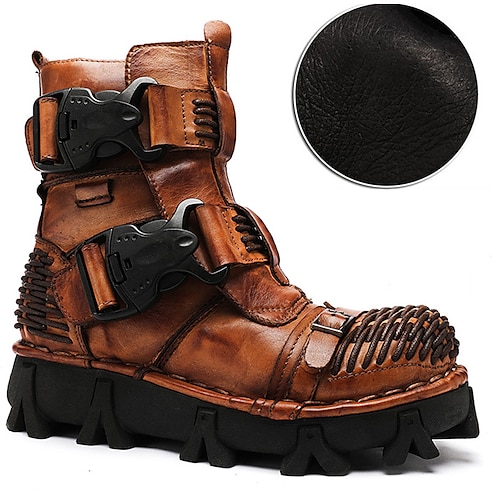 Steampunk-Motorradstiefel für Herren mit doppelten Schnallenriemen und robuster Sohle, braunes Leder-Gothic-Schuhwerk zum Reiten und Cosplay Image