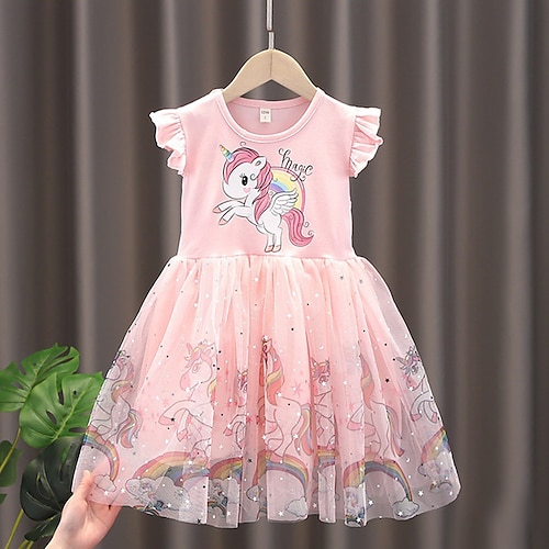 Kinder Wenig Mädchen Kleid Einhorn A Linie Kleid Täglich Festtage Gitter Bedruckt Blau Rosa Knielang Kurzarm Prinzessin Süß Kleider Frühling Sommer Regular Fit 2-8 Jahre Image