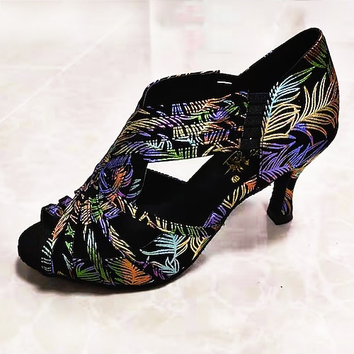 Bunte, mit Blumen bestickte Tanzschuhe für Damen mit weicher Wildledersohle – offene Zehenpartie mit lateinamerikanischem Absatz für Gesellschaftstanz und Salsa-Auftritte Image