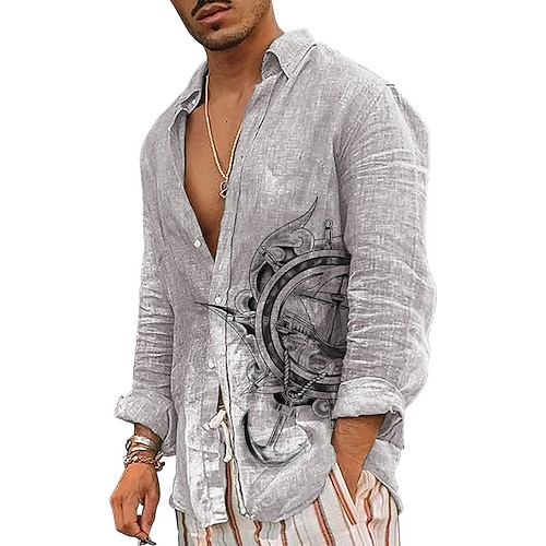 Herren Nautisch Vintage Totem Hemd Knopfhemd Langarm Mode Streetwear Designer Outdoor Lässig Täglich Sommer Frühling Herbst Umlegekragen Druck Grün Khaki Grau Image