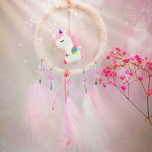 Boho Traumfänger handgemachtes Geschenk Wandbehang Dekor Kunst Ornament Handwerk Herz Einhorn Feder für Kinder Schlafzimmer Hochzeitsfest Image