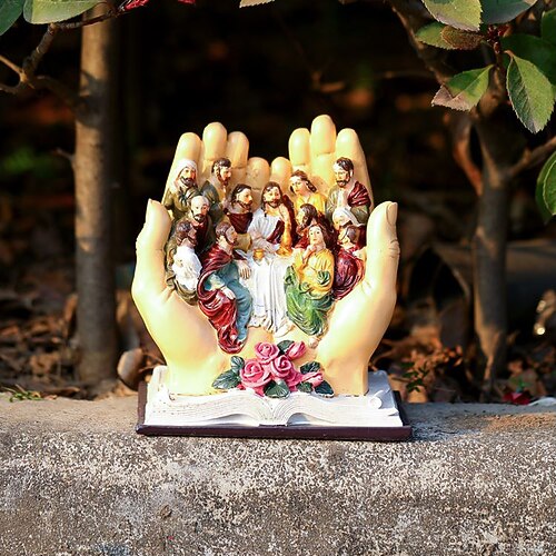 Das letzte Abendmahl Jesus und 12 Jünger Figuren Palmen christliche religiöse Harzstatuen, Heimdekoration Garten Miniatur Landschaft Ornamente Innenfiguren
