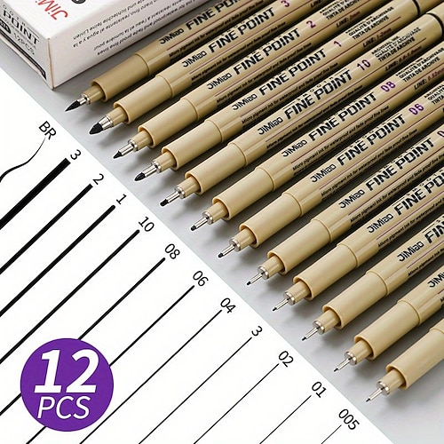 12 Stück Strichmarkierungen aus Kunststoff, Zeichenstifte mit feiner Spitze, Strichmalstifte, kompatibel zum Schreiben, Malen, 005, 01, 02, 03, 04, 05, 08, Pinsel, verschiedene Spitzen, schwarzer Image