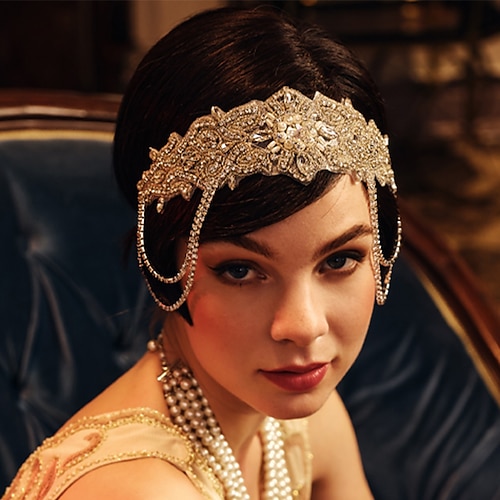 1920er-Jahre-Flapper-Kopfschmuck, Roaring-20er-Jahre-Stirnband, tolles Gatsby-Stirnband, Kette für Damen, Vintage-Haar-Accessoire (A-Silber) Image