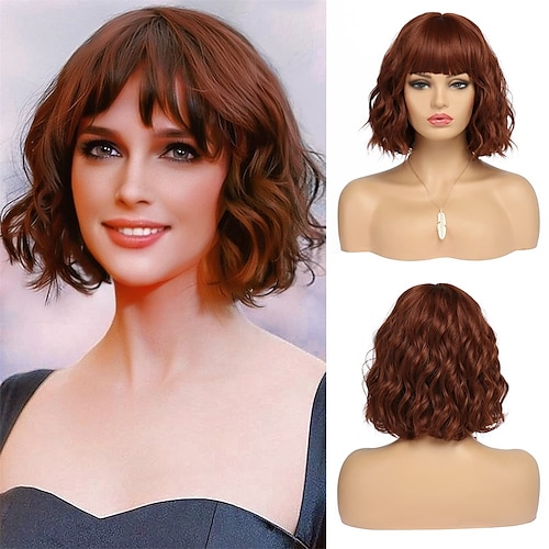 kurze weiße silberne Perücken für Frauen ombre schwarz-graue lockige Perücke mit Pony mittellange Kunsthaar-Wasserwellen-Bob-Perücke graue bunte Perücken Image