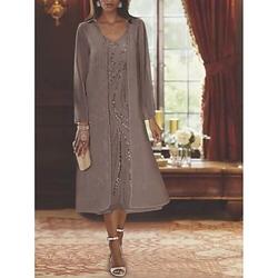 Strandhochzeit zweigeteiltes A-Linie Mutter der Braut Kleid formelle Hochzeitsgast elegantes V-Ausschnitt Tee-Länge Chiffon Spitze ärmellose Jacke Kleider mit Perlen Pailletten 2025 kostenlose