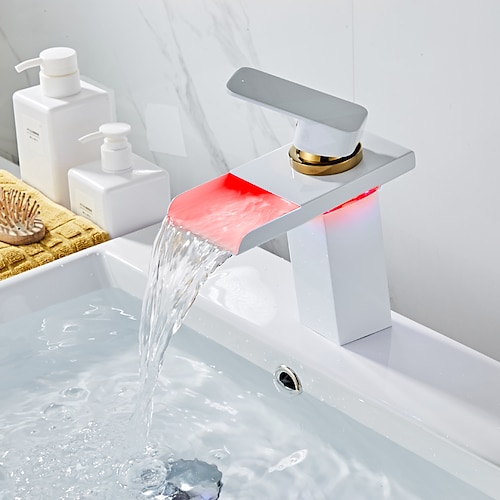 Waschtischarmatur mit Versorgungsschlauch, LED-Wasserfallauslauf, Einhand-Einloch-Waschtischarmatur, Waschbecken-Mischbatterie mit Schrägkörper Image