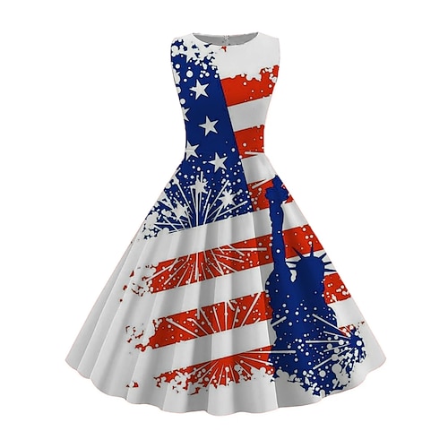 damen retro 1950er vintage tee kleider midi kleid daily date geraffter druck amerikanische flagge rundhalsausschnitt ärmellos schlank sommer frühling 2023 schwarz weiß s m l xl Image