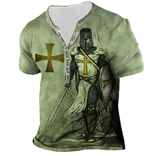 Herren Henley Hemd T Shirt Tee Grafik Templer Kreuz Kreuz Henley Grün Blau Lila Braun Grau 3D Druck Plus Größe Outdoor Täglich Kurzarm Button-Down Druck Kleidung Kleidung Basic Designer Image