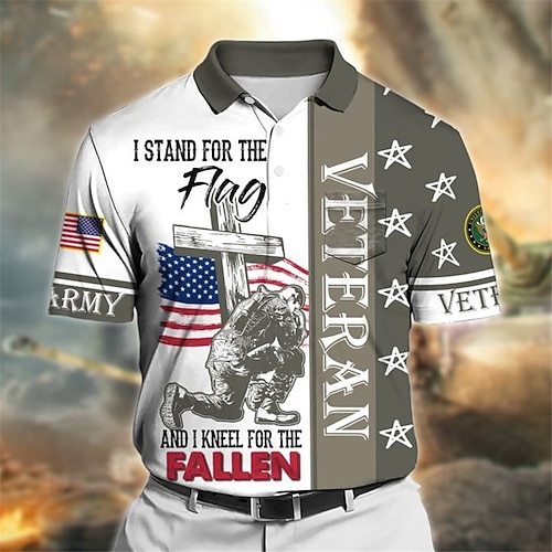 Herren Veteranen Patriotisch Poloshirts Golfshirt Kurzarm Polo-Shirts Hemden mit Kragen Lässig Streetwear Urlaubskleidung Party-Outfits Knöpfe 3D-Druck Wein Marineblau Blau Image